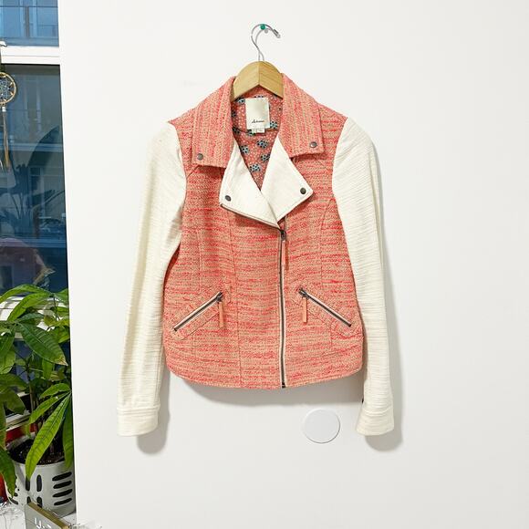 Anthropologie Elevenses Pink & White Tweed Moto Jacket Size 6 - Picture 1 of 5